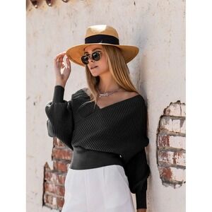 Hope Horizon Black Ribbed Batwing Sleeve Wrap Knit Top Cropped Sweater S NEW